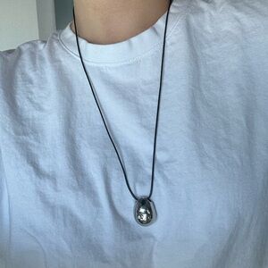 Silver Oval Pendant Long Chord Necklace